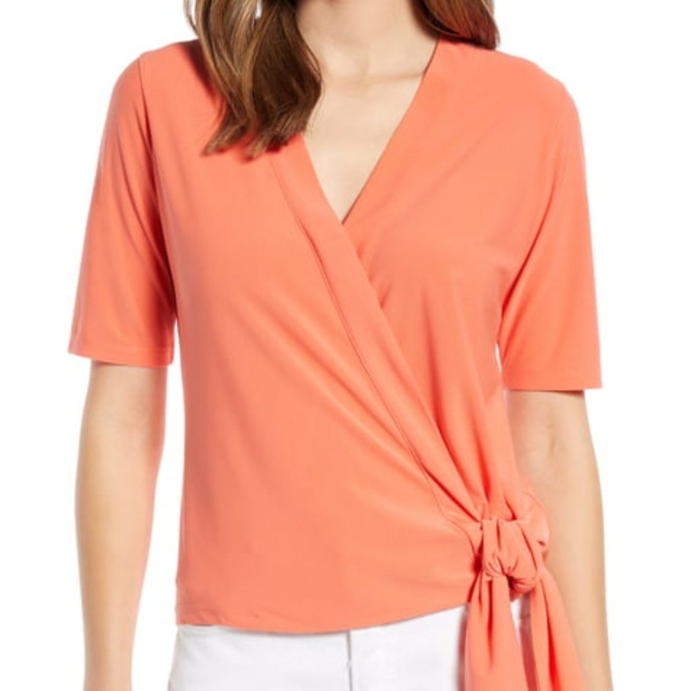 Halogen Short Sleeve Tie Waist V-neck Wrap Shirt